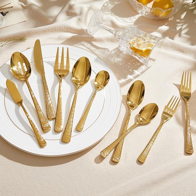 KINGSTONE Gold Hammered Silverware Set, Flatware Set with Serving Utensils, 18/10 Stainless Steel Premium Cutlery with Unique Ripple Handles Design Mirror Polished - Dishwasher Safe (45-Piece)