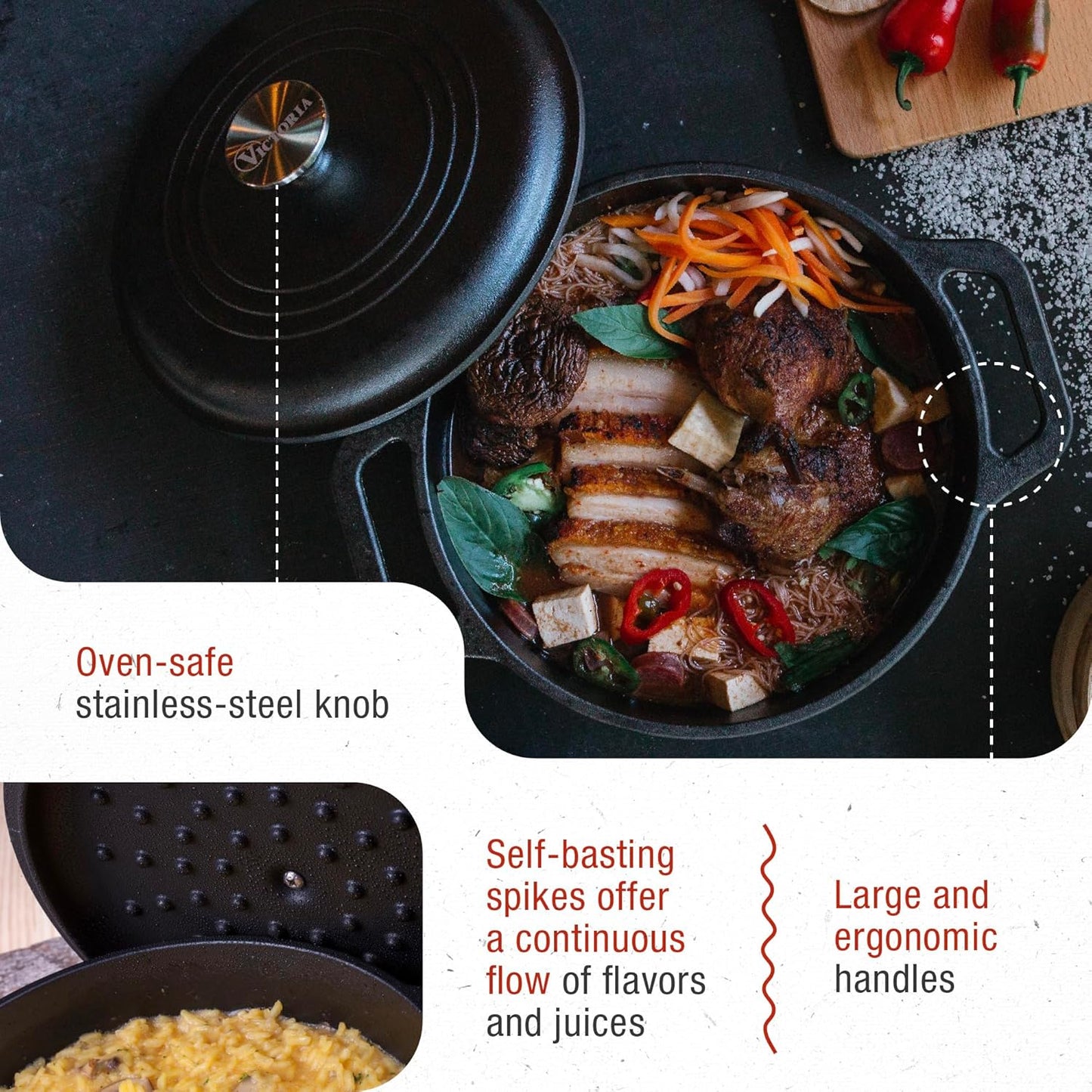 Victoria 4-Quart Cast Iron Dutch Oven with Lid and Dual Loop Handles, Seasoned with Flaxseed Oil, Made in Colombia,Black