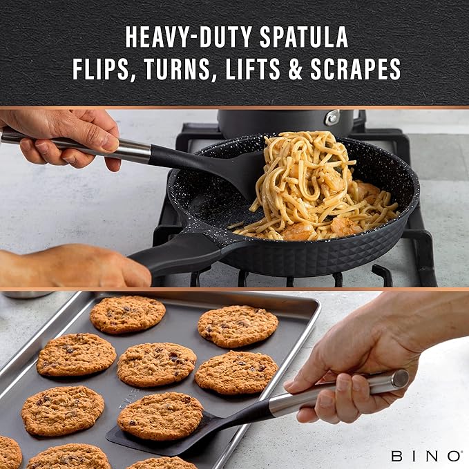 BINO 2-Piece Spoon & Turner Set with Stainless Steel Handles - Black | Heat Resistant BPA-Free Nonstick Cookware | Cooking Mixing & Serving Spoon | Cooking Utensils for Nonstick Cookware