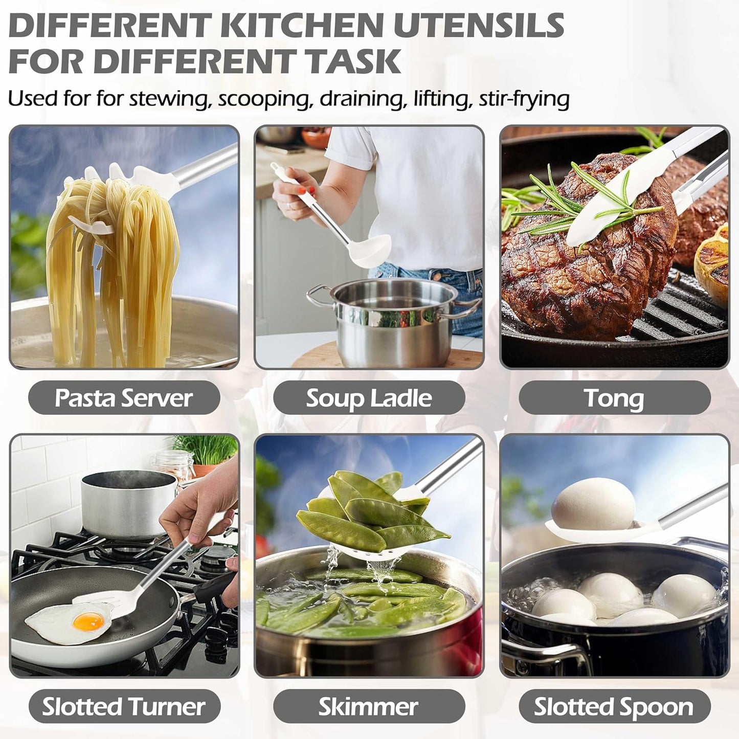 HaWare 29 PCS Silicone Cooking Utensils Set, Heat Resistant Kitchen Utensils Set with Stainless Steel Handle, Spatula Sets with Holder and Hooks, Kitchen Tools Gadgets for Nonstick Cookware -White