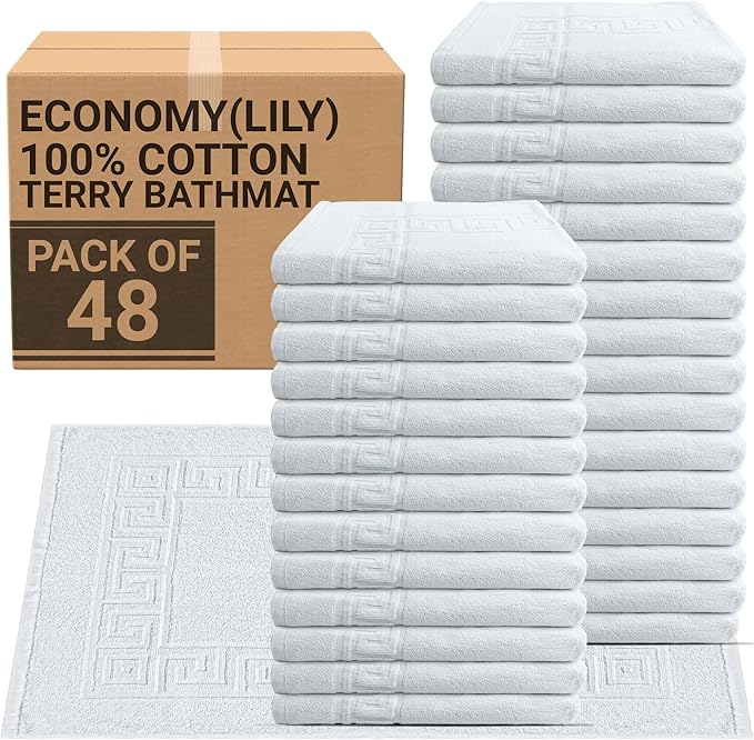 Bulk Hotel Bath Mats – 48 Pack (20x30) Economy White Poly Cotton Bath Mat – 4 Dozen Lightweight, Quick-Dry, Anti-Slip, Machine-Washable Mats for Hotels, Gyms, Spas & Commercial Use