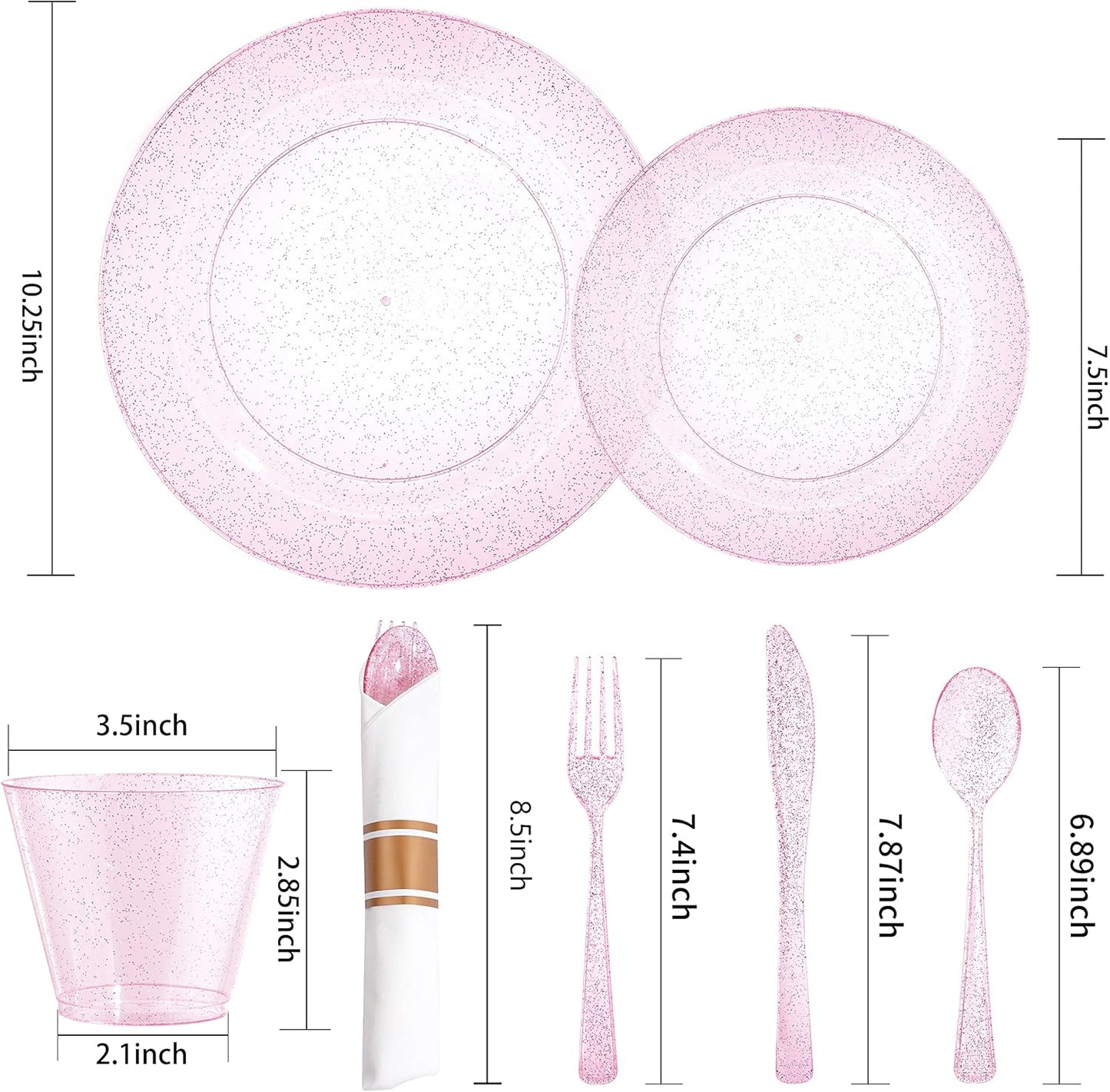 DaYammi 350PCS Rose Gold Glitter Dinnerware Set 50 Guest for Party- 50 Pink Plastic Dinner Plates, 50 Dessert Plates- 50 Per Rolled Napkins with Rose Gold Glitter Cutlery - 50 Cups 9 OZ