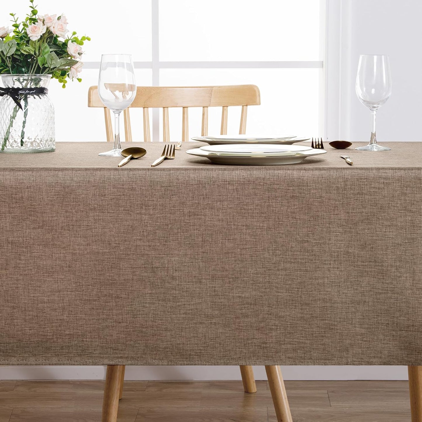 Hiasan Faux Linen Rectangle Tablecloth - Wrinkle and Stain Resistant Washable Table Cloth for Kitchen Dining Room Holiday Table Cover for Dinner, Khaki, 60 x 140 Inch