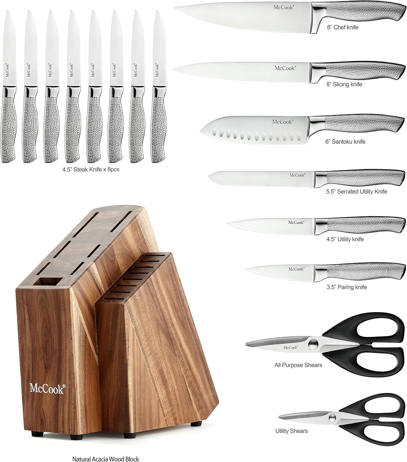 McCook® Premium Knife Sets,Full Tang Hammered German Stainless Steel Kitchen Knife Set with 8 Pieces Steak Knives and Acacia Block