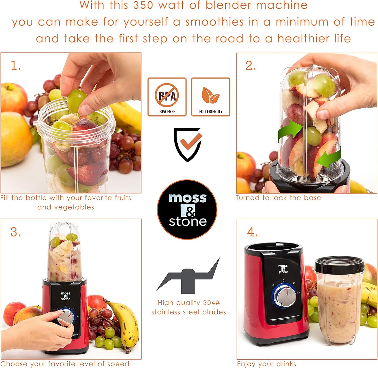 Moss & Stone MiniSmoothie Blender, Compact Personal Blender with Additional Cups Bullet Shape For Frozen Drinks, To-Go Portable Cups with Lids, Juice & Smoothie Maker
