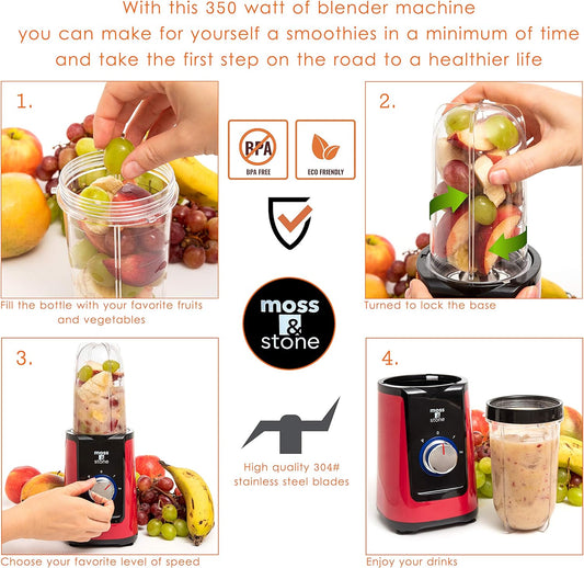 Moss & Stone MiniSmoothie Blender, Compact Personal Blender with Additional Cups Bullet Shape For Frozen Drinks, To-Go Portable Cups with Lids, Juice & Smoothie Maker