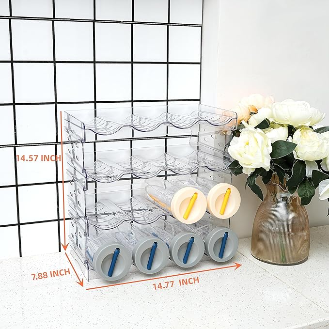 IEEK Plastic Stackable Bottle Storage Holder Rack Holds 16 Bottles,Free-Standing Water Bottle/Wine and Drink Organizer Shelf for Kitchen Cabinet,Fridge,Countertop,Pantry,Freezer,4 PackX4 Bottles,Clear