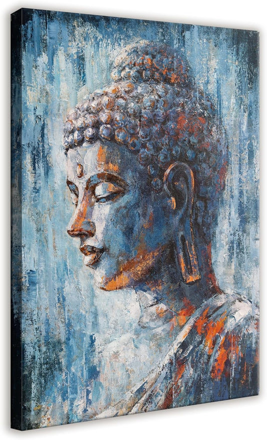 Large Buddha Statue Decor Wall Art Canvas Wall Decor Painting Buddha Head Picture Zen Art Dark Blue Artwork for Bathroom Bedroom Walls 32x48