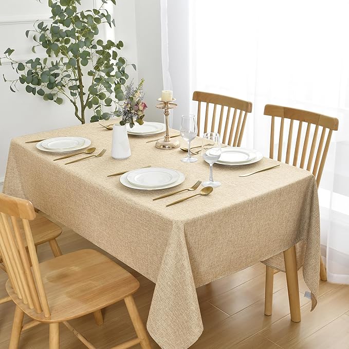 JIUZHEN Rectangle Table Cloth Faux Linen Farmhouse Tablecloth Wrinkle and Stain Resistant Decorative Fabric Table Cover for Kitchen, Dining Room, Parties and Camping, Beige, 52 x 70 Inch