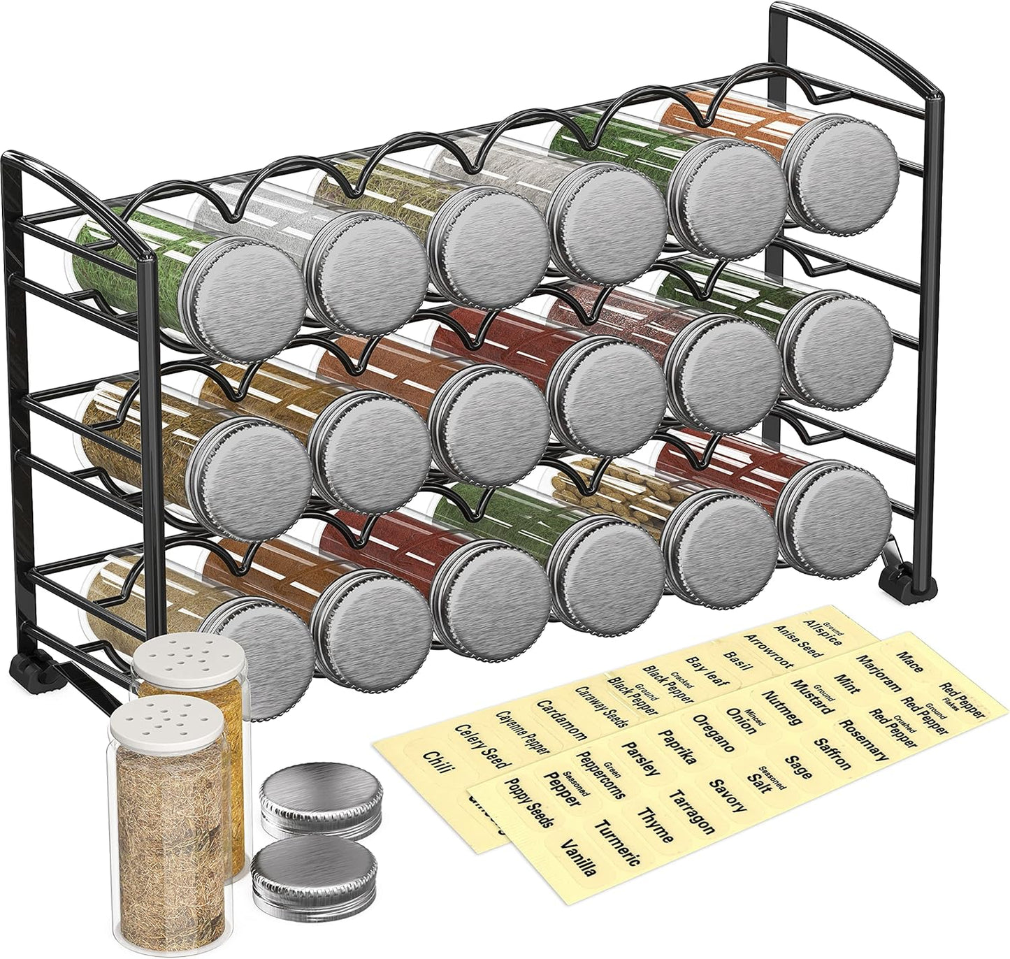 Deco Brothers Spice Rack Stand holder with 18 Bottles and 48 Labels, Black