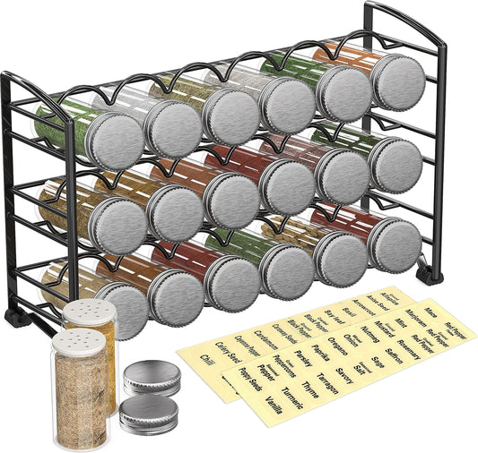 Deco Brothers Spice Rack Stand holder with 18 Bottles and 48 Labels, Black