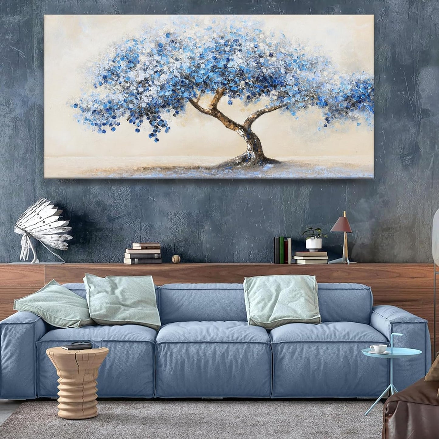 Suconvng Large Wall Art For Living Room Blue Abstract Art Tree Of Life Modern Artwork Canvas Art Wall Decor Painting Tree Pictures Ready To Hang For Bedroom Office Home Wall Decor 29"X 58"