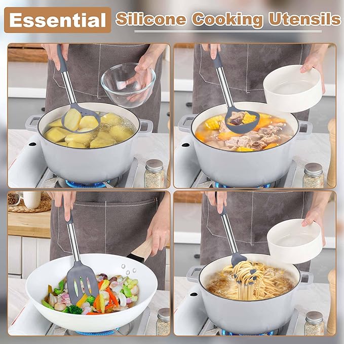 LIANYU Silicone Cooking Utensil Set, 6Pcs Heat Resistant Kitchen Utensils Set, Non-stick Stainless Steel Handle Spatula Tools, Dishwasher Safe, Grey