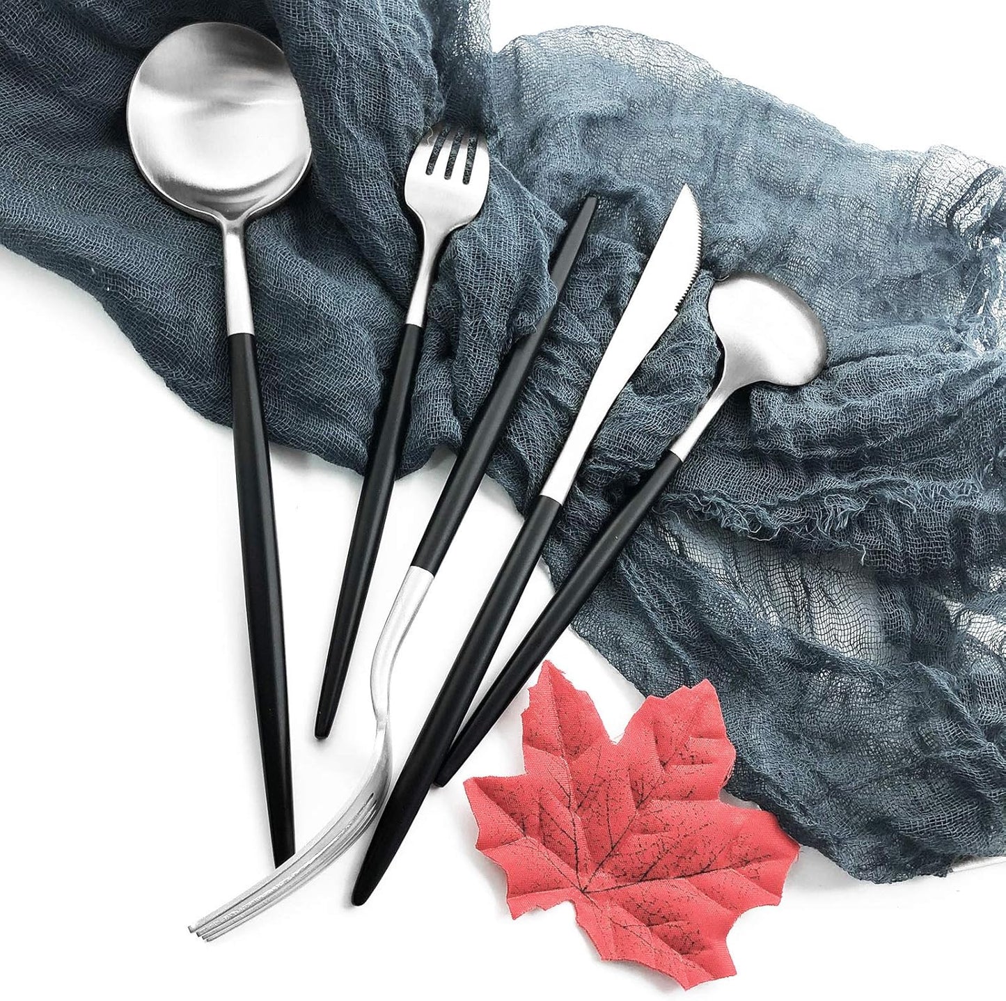 Matte Silverware Set, 10-Piece 18/10 Stainless Steel Satin Finish Flatware Set Service for 2, Kitchen Utensil Set, Tableware Cutlery Set for Home Restaurant (Black Handle Silver, 10-Piece)