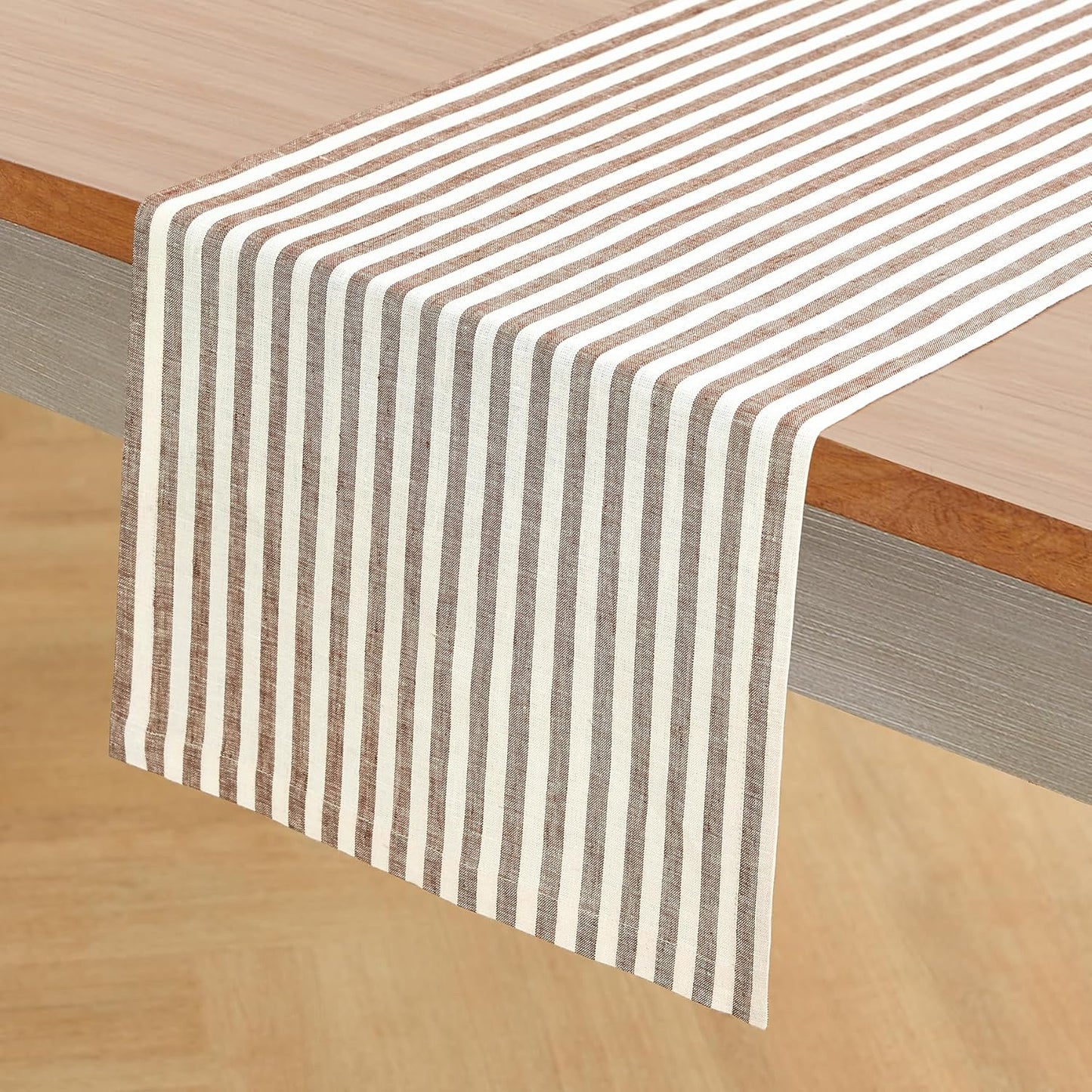 Solino Home Linen Table Runner 60 Inches - Amalfi Stripe 100% Pure Linen Brown and Cream Farmhouse Table Runner 14 x 60 Inch Ideal for Dresser and Coffee Tables - Fall, Autumn, Thanksgiving