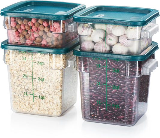 CURTA 4-Pack Food Storage Containers with Green Lids - 2 Qt & 4 Qt Square Clear Polycarbonate - NSF Listed, Commercial Grade, Freezer & Dishwasher Safe, Stackable