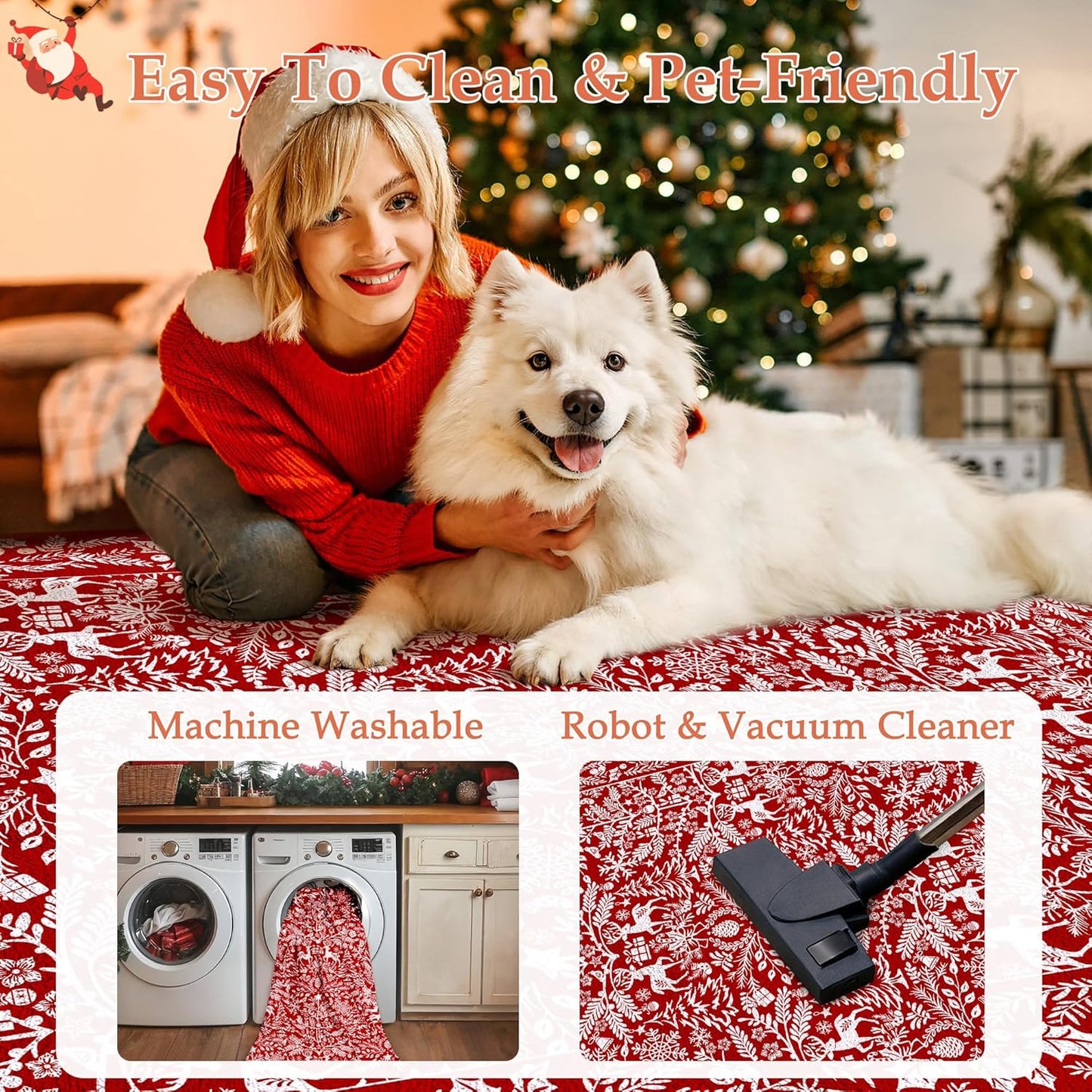 Christmas Area Rug 8x10 Machine Washable Xmas Snowflake Holiday Decor Living Room Rugs Low Pile Carpet Indoor Doormat Red Non-Slip Christmas Deer Carpet for Bedroom Kitchen Dining Bathroom