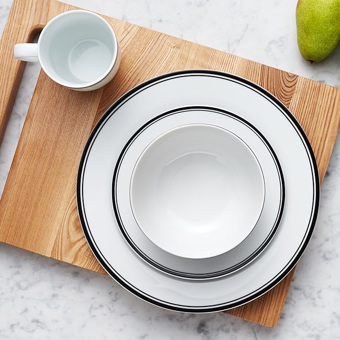 Amazon Basics 16-Piece Cafe Stripe Kitchen Dinnerware Set, Plates, Bowls, Mugs, Service for 4, Black