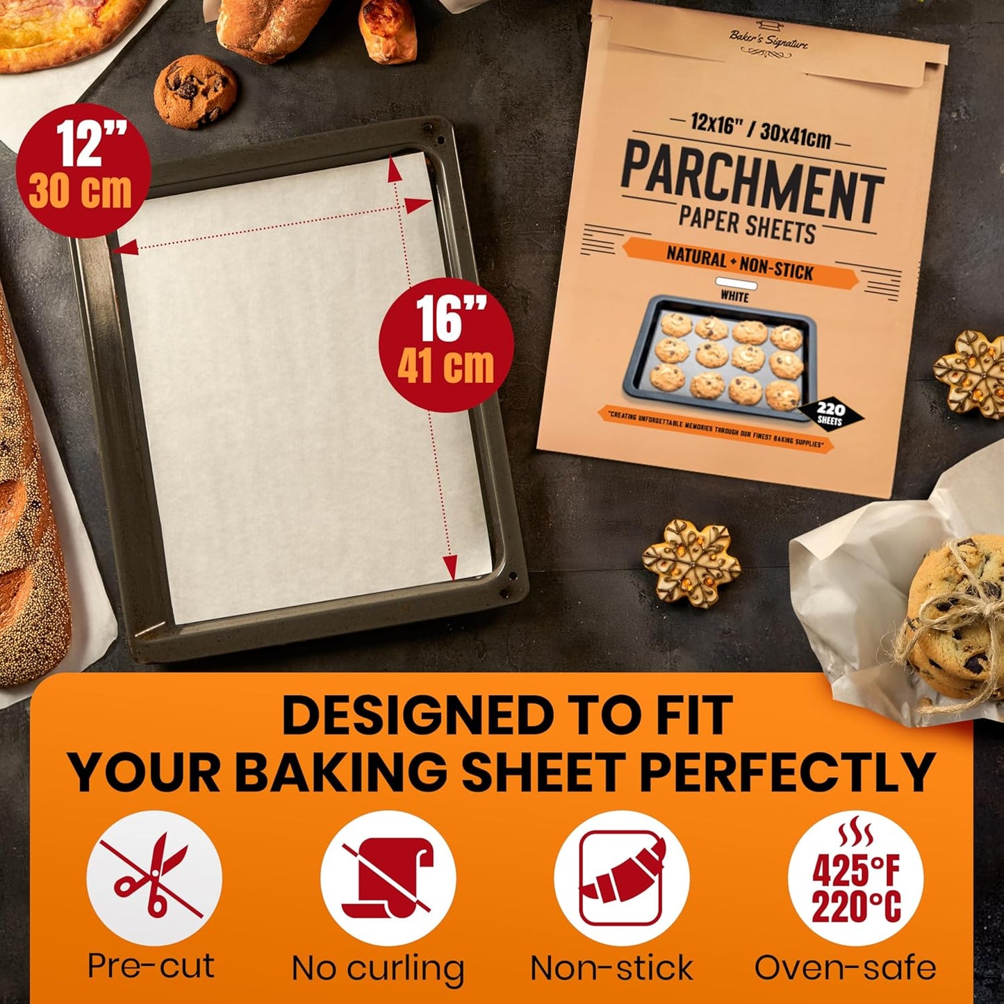 220 Pcs 12x16 In Parchment Paper Sheets by Baker's Signature | Heavy-Duty Precut Non-Stick Sheets