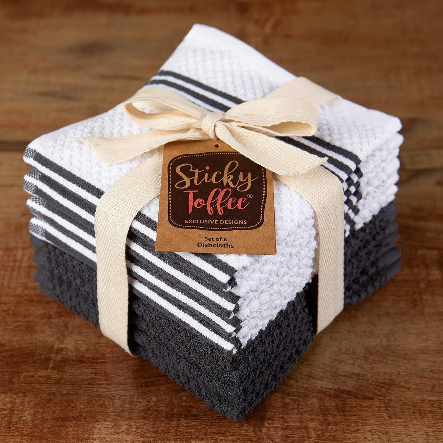 Sticky Toffee Cotton Dishcloths Set of 8 – Gray and White Kitchen Towels 12x12 in, Reusable and Absorbent Tea Towels for Cleaning or Drying, Oeko-Tex Cotton