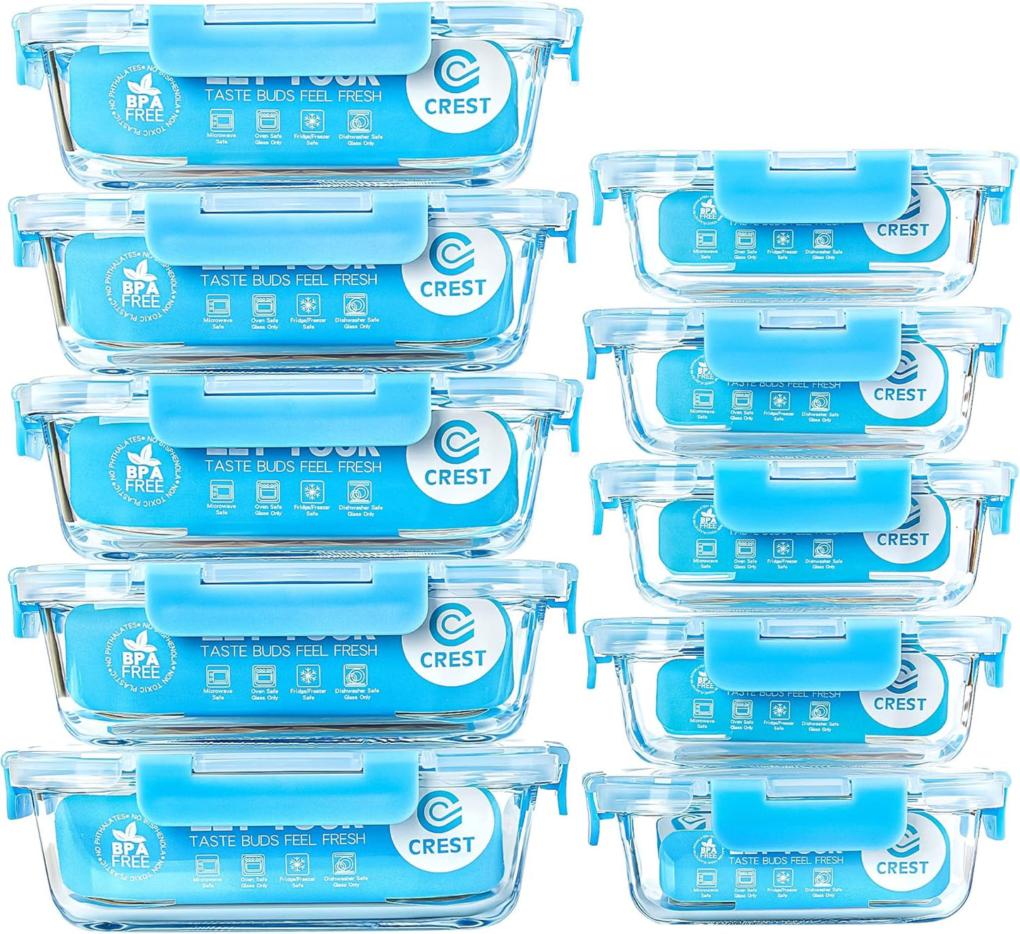 C CREST Glass Meal Prep Containers, [10 Pack] Glass Food Storage Containers with Lids, Airtight Bento Boxes, BPA Free & Leak Proof (10 Lids & 10 Containers)