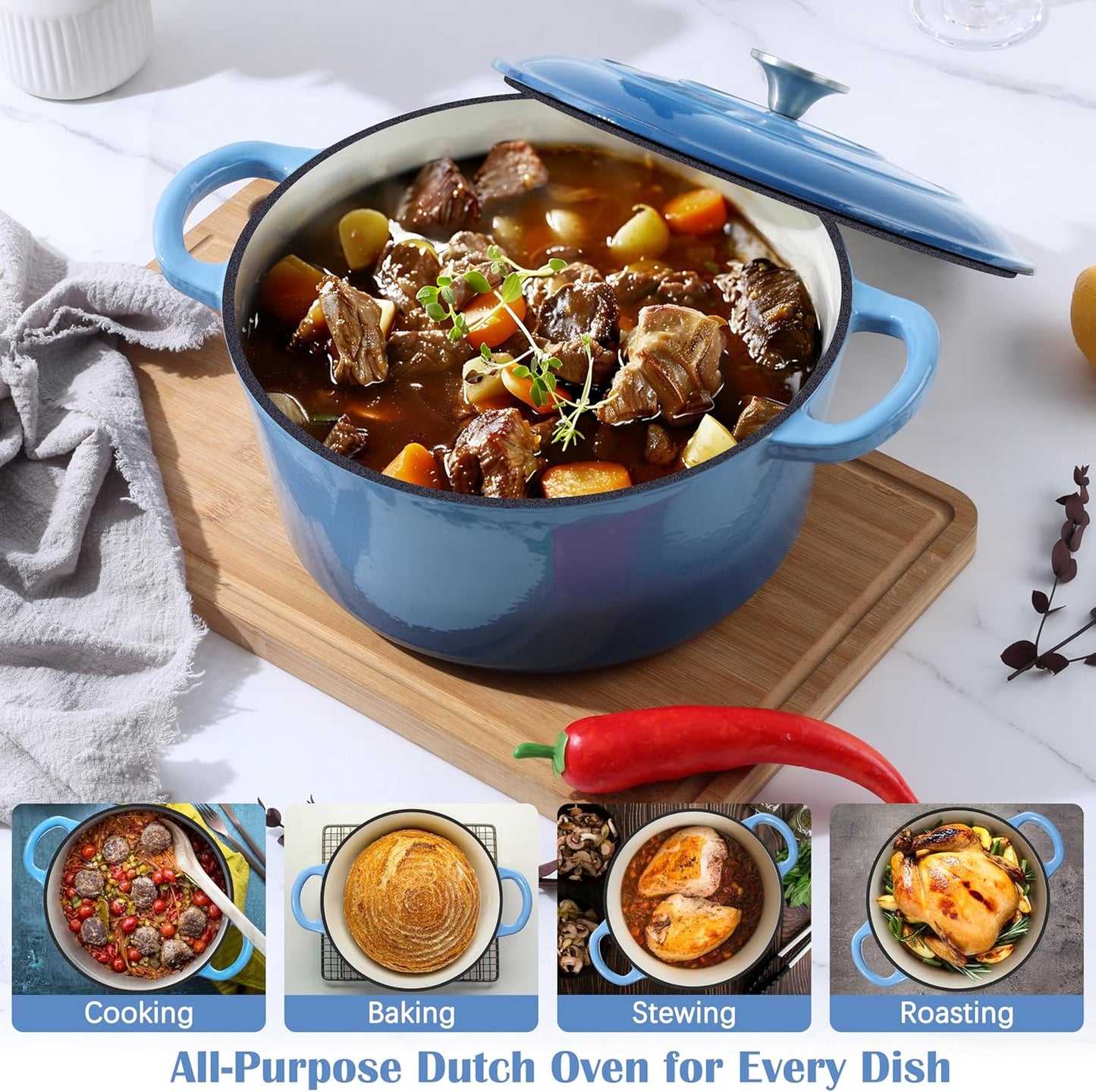 E-far Enameled Dutch Oven Pot for Bread Baking, 6QT Enameled Cast Iron Cookware with Self-Basting Lid & Sourdough Bread Baking Supplies, Heavy Duty Casserole Pot & Dual Handles-Blue