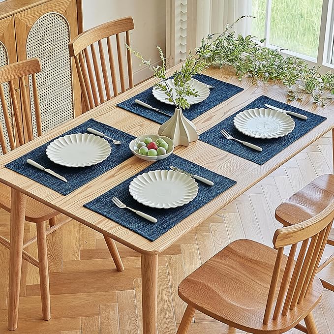 Softalker Faux Linen Placemats Set of 4-12 x 18 Inch, Heat Resistant Double Layered Durable Burlap Farmhouse Place Mats, Non-Slip Washable Rustic Table Mats for Dining, Kitchen, Party（Navy Blue
