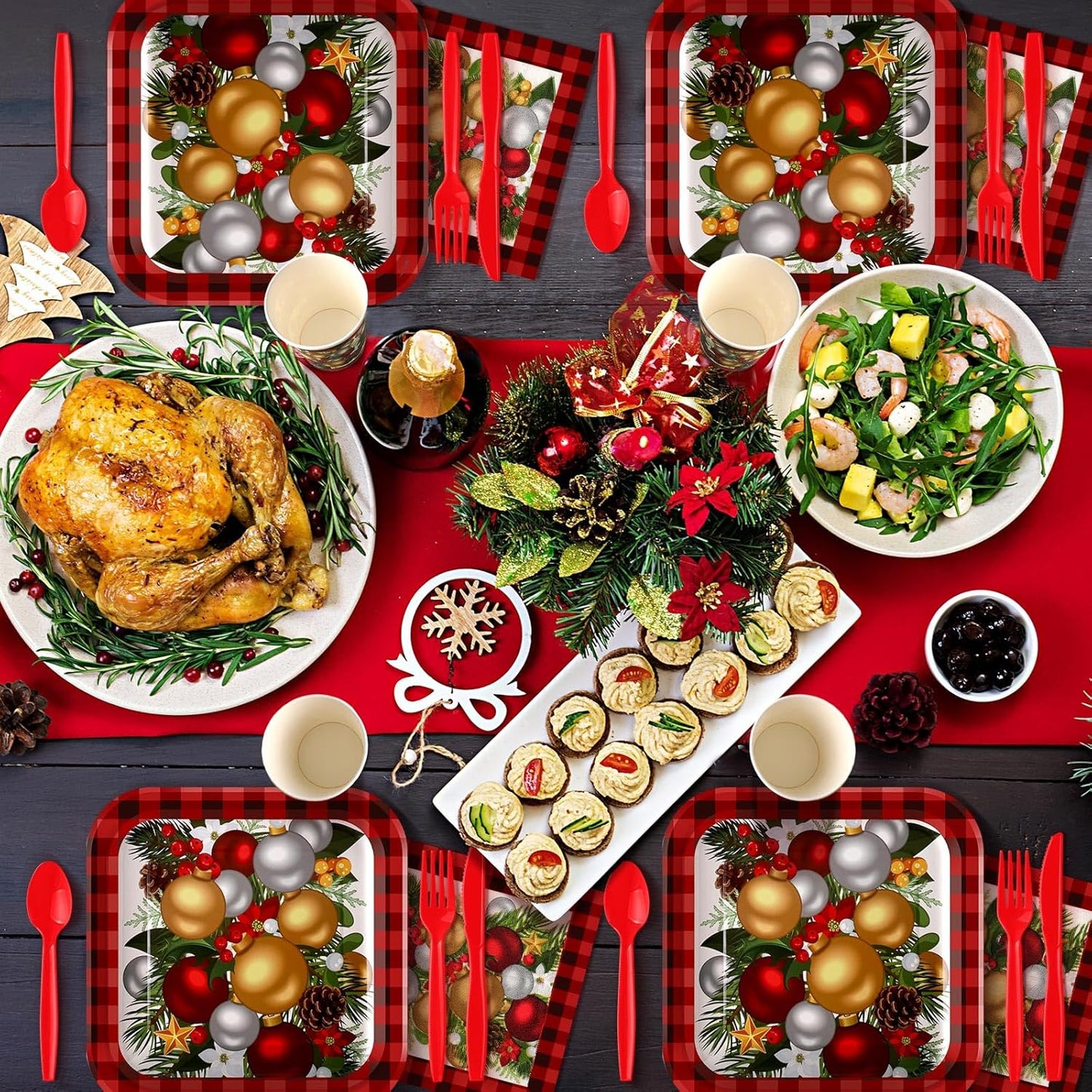 350 Pcs Paper Plates and Napkins Set Disposable Dinnerware Party Supplies Tableware Serve 50 Guest Cups Knife Forks Spoon(Red,Christmas Tree)