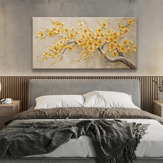 Modern Tree Of Life Wall Art Canvas Prints Ready To Hang Home Wall Decor Golden Yellow Flowers Wall Art Decorations For Living Room Kitchen Bedroom Office Decor 24x48 Inch