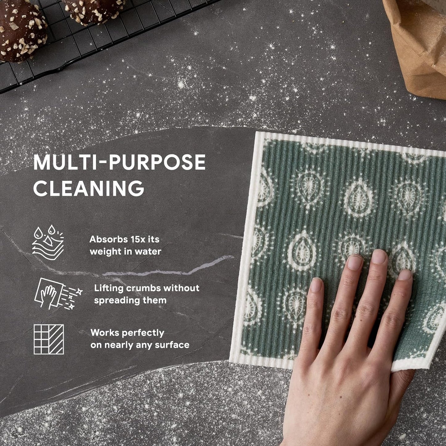 RECYCO Swedish Dishcloths for Kitchen | 5 Pack Gem Washable Dish Rags | Cellulose Reusable Cleaning Paper Towels | Absorbent Counter Dish Cloth Sponge Kitchen Wipes, 8" L x 7" W