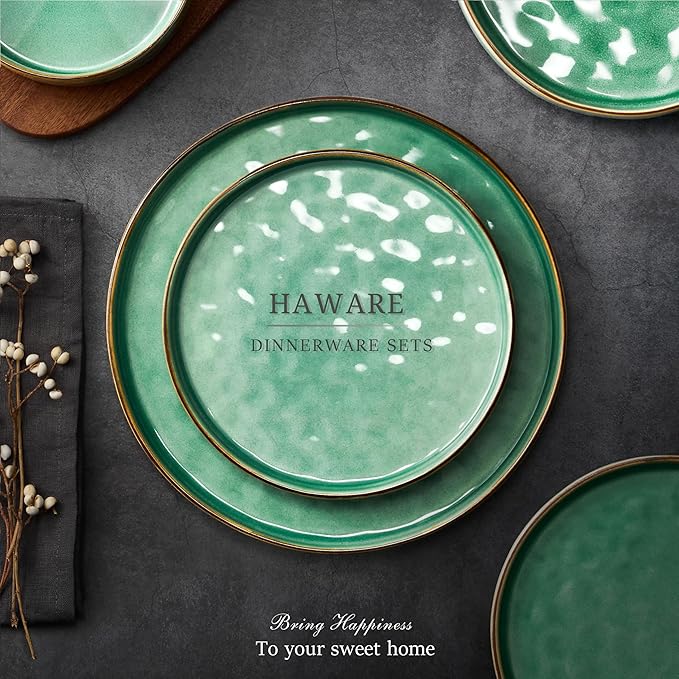 HaWare Dinnerware Sets, 24-Piece Plates and Bowls Set, Stoneware Dish Set for 8, Ceramic Dinnerware for Home Restaurant, Chip and Scratch Resistant, Microwave and Dishwasher Safe, Reactive Green