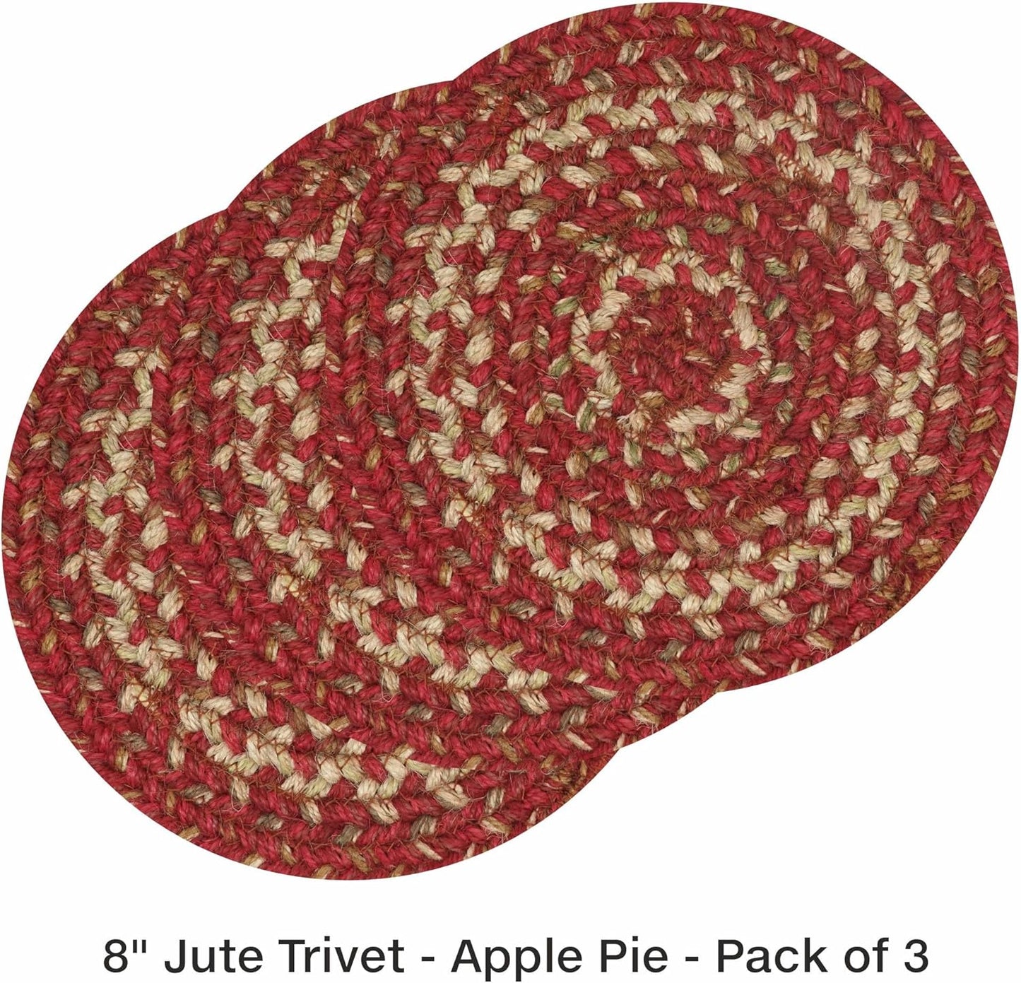 Homespice Apple Pie Jute Braided Trivets for Table, Warm Country Decor, Set of 3, Red 8" Round Heat Resistant Mats - Rich Colors, Easy to Clean, Durable and Protects Furniture