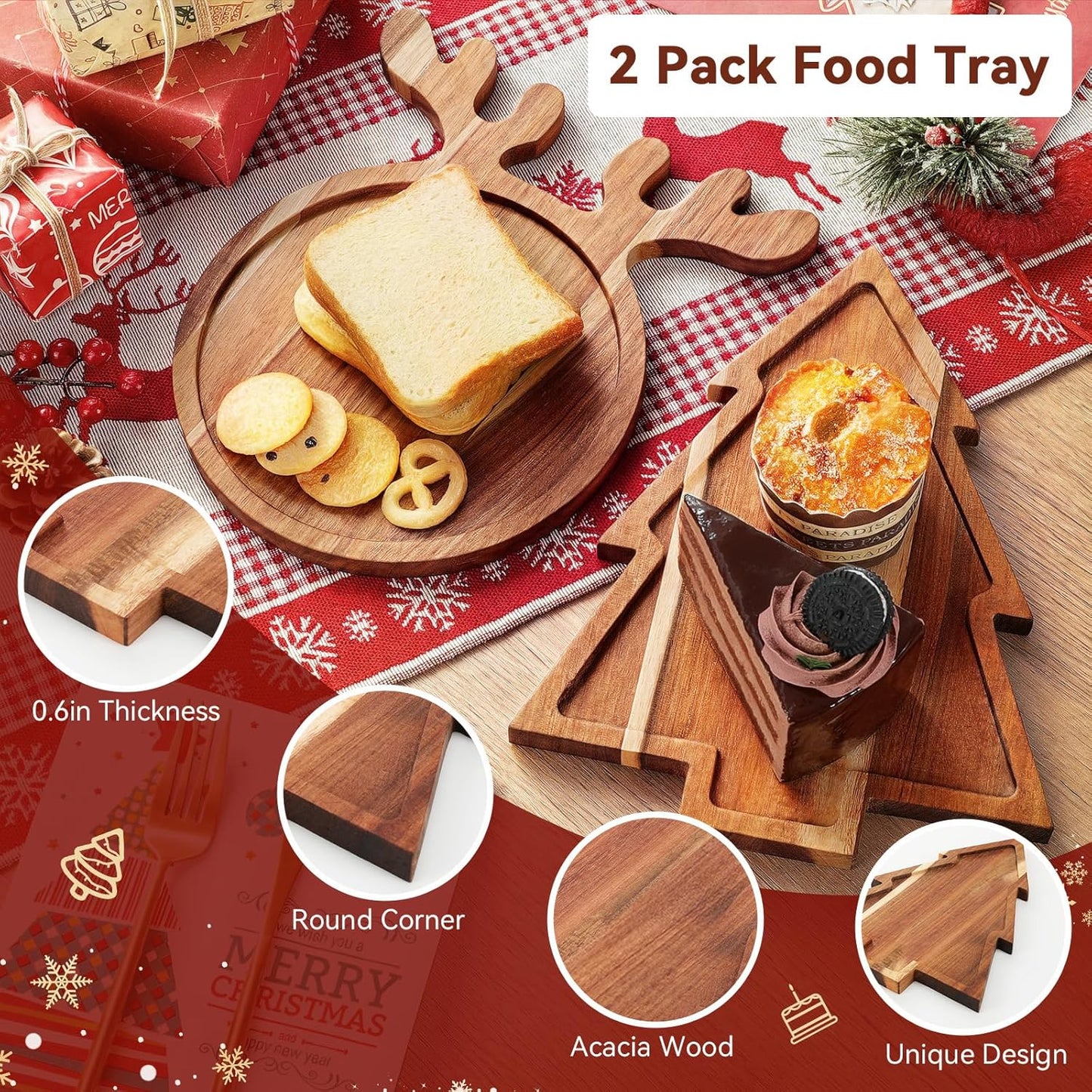 2 Pcs Christmas Charcuterie Boards, Antler & Christmas Tree Wooden Cutting Board with Handle, Acacia Wood Serving Tray for Cheese Fruit Bread Salad Vegetables Snack Dessert