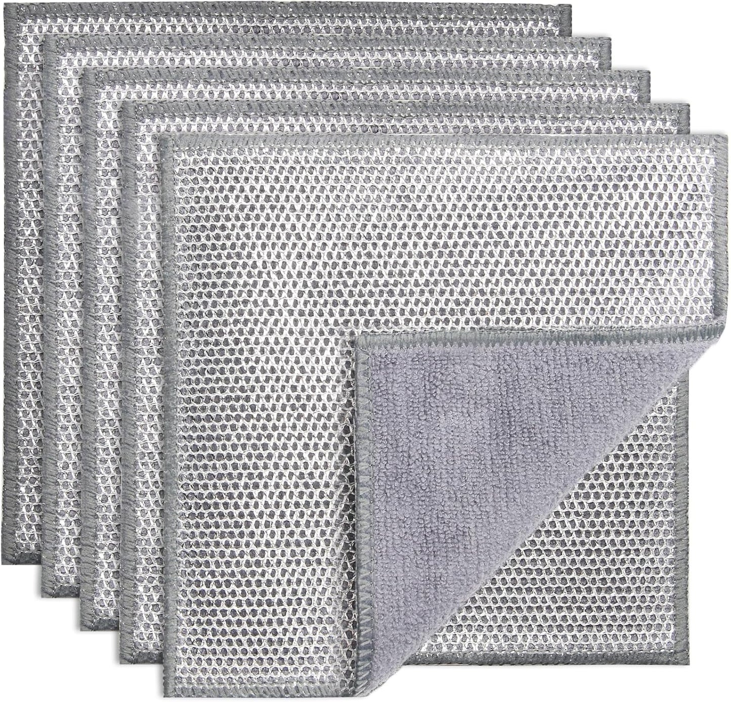 2 in 1 Stainless Steel Scrubber & Microfiber Cleaning Cloth, 5 Pack Towel & Steel Scrub Cloth for Pans, Dishes, Countertops, Reusable Non-Scratch Cleaning Pad for Kitchen Sink