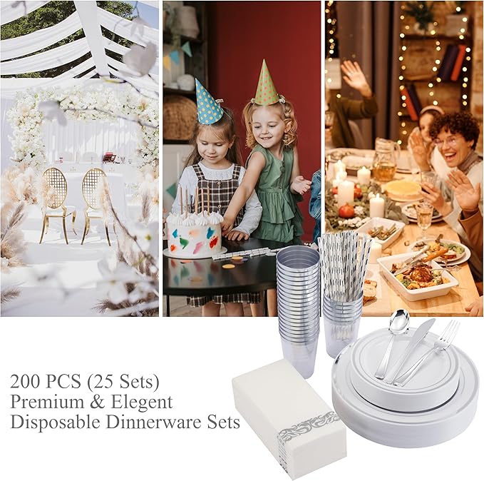 175 PCS Silver Dinnerware Set for 25 Guests, Silver Rimmed Heavy Duty Plastic Disposable Plates for Party Wedding with 25 Dinner Plates,Dessert Plates, Silverware Set, Cups, Napkins