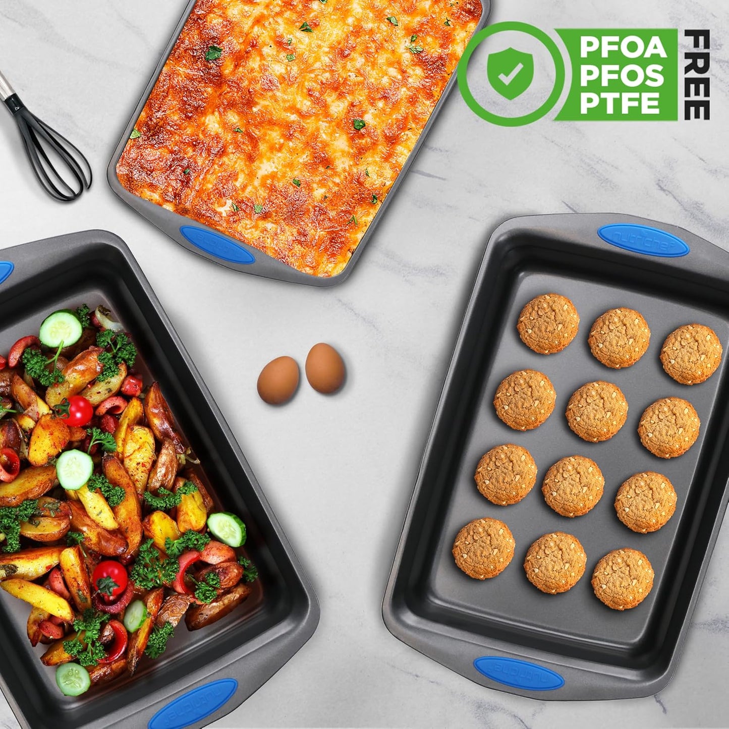 NutriChef 3-Piece Baking Pan Set - Premium Nonstick Carbon Steel Bakeware w/ Silicone Handles - Includes Large, Medium, & Small Pans for Baking & Roasting - PFOA, PFOS, PTFE Free - Gray