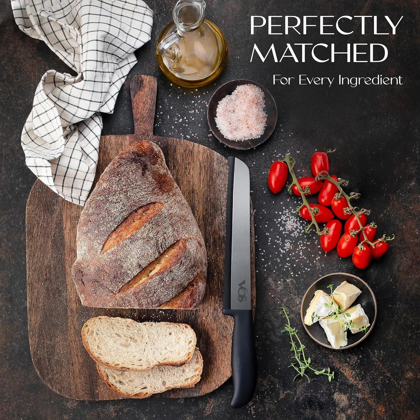 Vos Ceramic Knife Set With Block - 13-Piece Ceramic Knives Set For Kitchen, Includes Chef, Santoku, Bread Knives, Steak Knives, Peeler & Elegant Wooden Block - Ultra-Sharp, Dishwasher safe,Lightweight