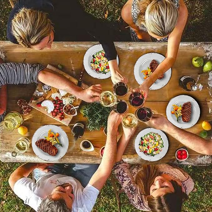 Vintage Melamine Dinnerware Sets, 18 Piece Lightweight and Unbreakable Outdoor Plates and Bowls Set, RV Dishes Set of 6, Chip Resistant Kitchen Plate Set for Indoor and Outdoor Use, White