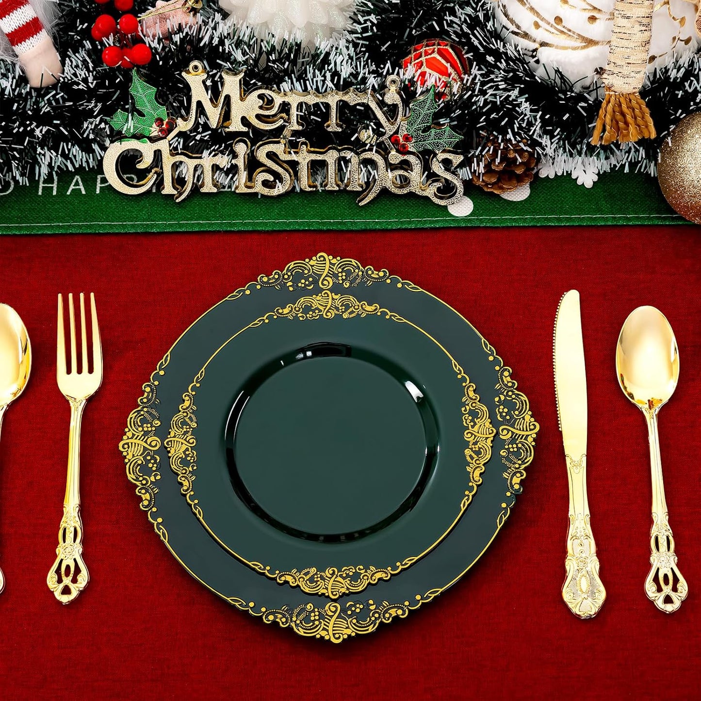 102PCS Green and Gold Plates - Green Plastic Plate - Fancy Heavy Duty Disposable Plates - Heavyweight Disposable Dinner & Dessert Plate for 51 Guests for Party & Christmas