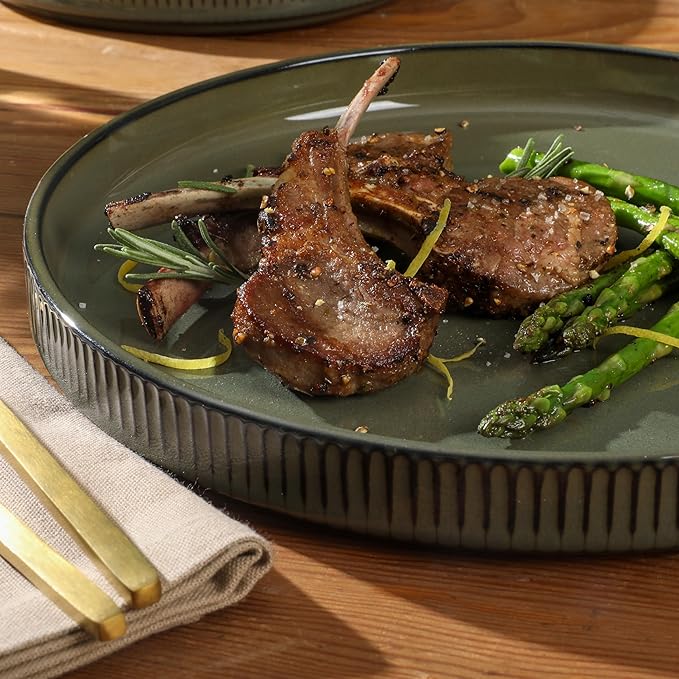 Gibson Elite 12 Piece (Service for 4) Townscape Plates and Bowls Reactive Glaze Embossed Round Dishes Terracotta Ceramic Dinnerware Set - Dark Green