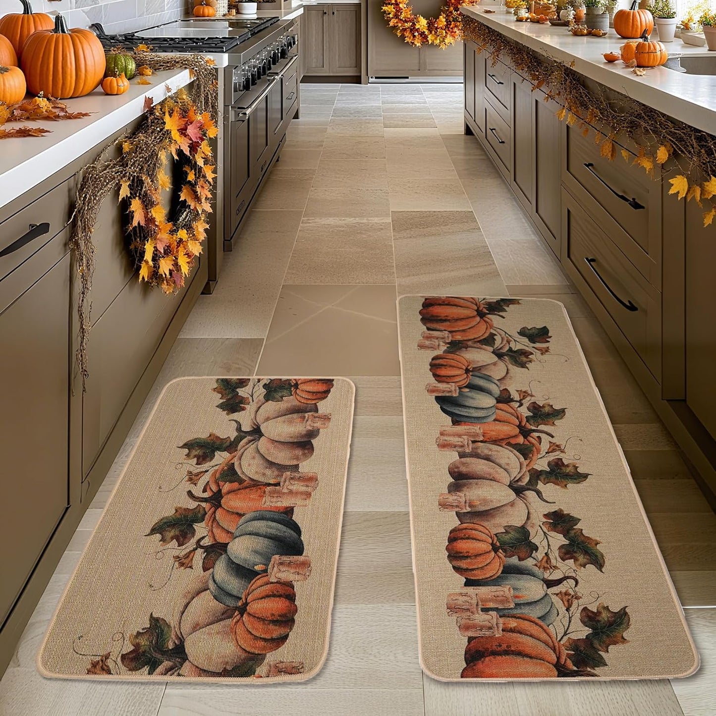 Larponder Fall Pumpkin Kitchen Mats Set of 2, Non-Slip Absorbent Rug and Door Mats, Home Decor Kitchen Floor Rugs for Autumn Harvest Thanksgiving Holiday - 17x24 and 17x48 Inch