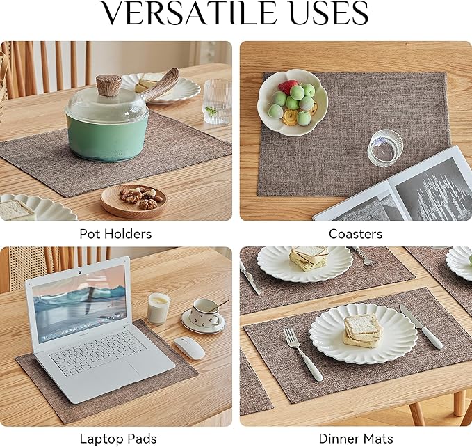 Softalker Faux Linen Placemats Set of 12-12 x 18 Inch, Heat Resistant Double Layered Durable Burlap Farmhouse Place Mats, Non-Slip Washable Table Mats for Dining, Kitchen, Party,Natural Linen