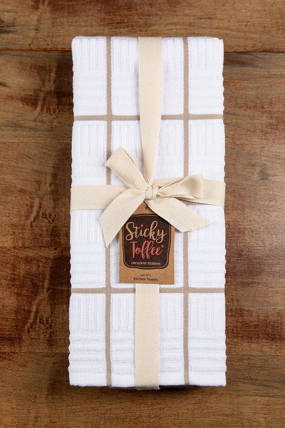 Sticky Toffee Cotton Kitchen Towels Set of 4 – 28x16 in Tan and White Hand Towels, Reusable and Absorbent Tea Towels for Drying or Cleaning, Oeko-Tex Cotton