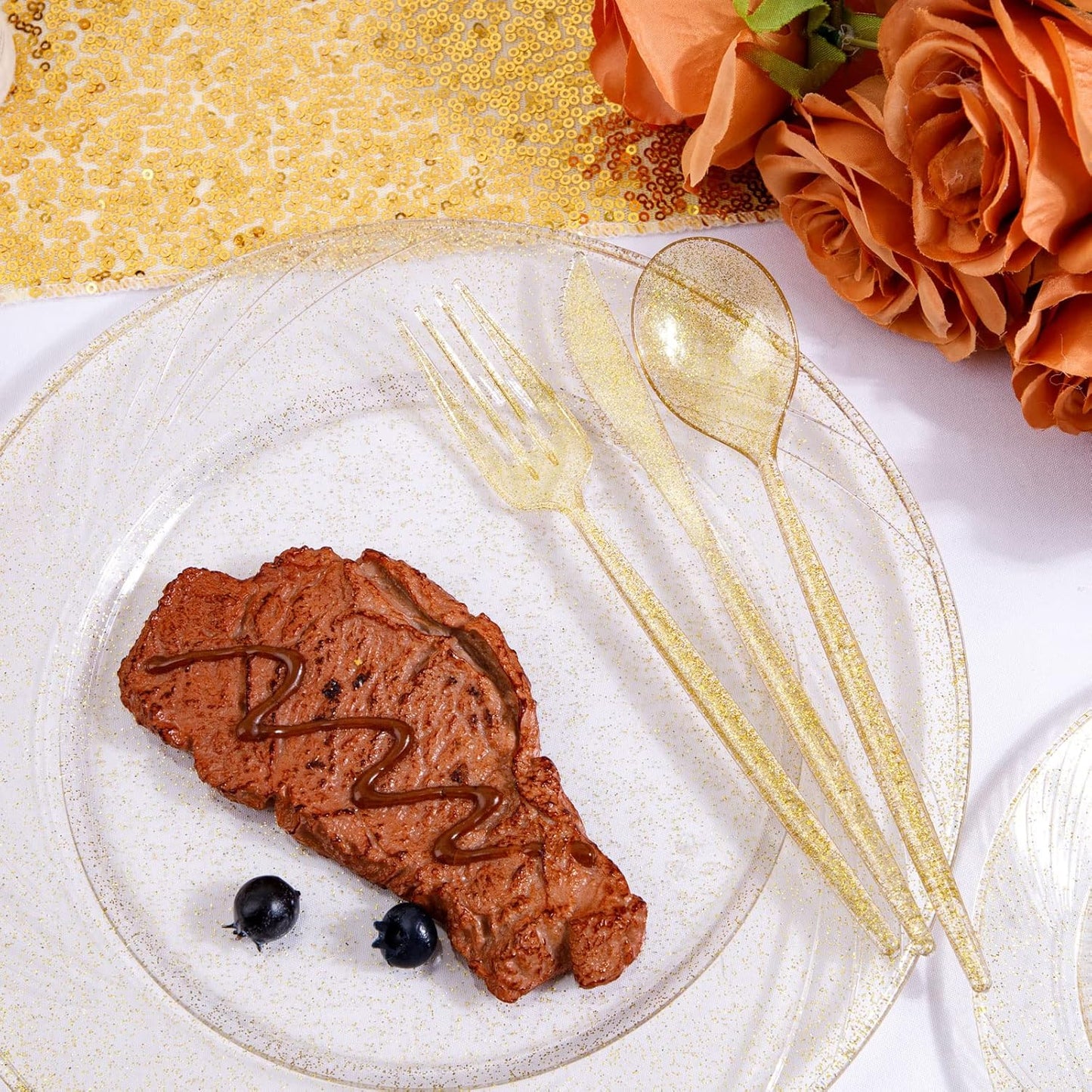 Supernal 180pcs Gold Plastic Silverware Durable Plastic Silverware Gold Glitter Color Party Cutlery Disposable Flatware Heavy Duty Include 60 Forks,60 Knvies,60 Spoons for Wedding,Birthday