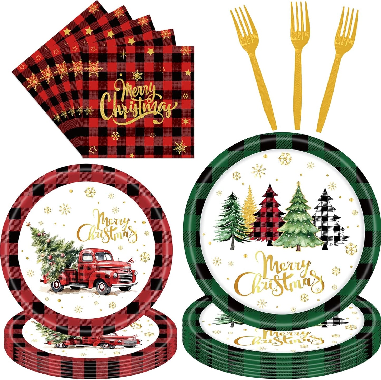 96 Pieces Merry Christmas Disposable Tableware Set - Red and Green Buffalo Plaid Christmas Party Supplies with Paper Plates, Napkins, Forks for Holiday Celebrations, Winter Favors, and Rustic Decor