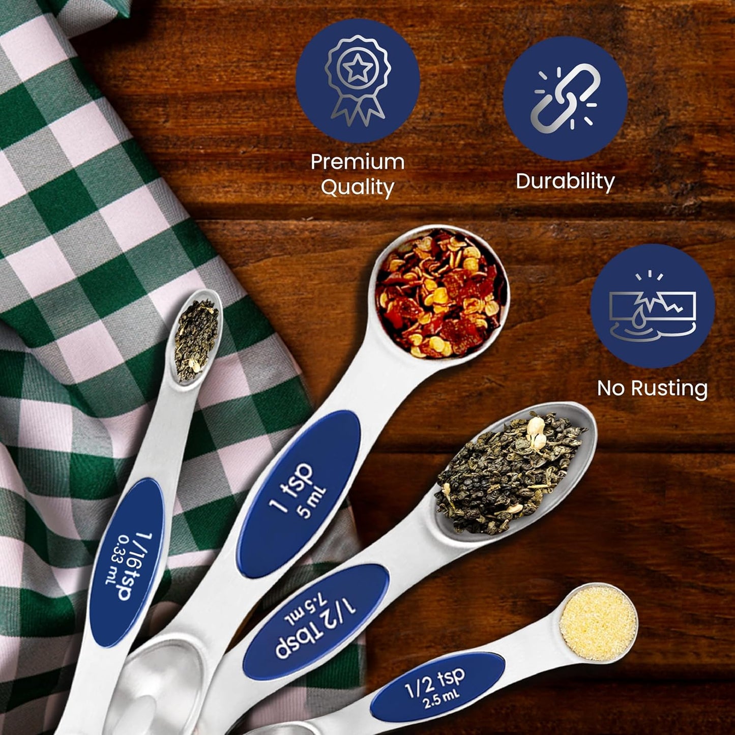 Magnetic Measuring Spoons Set of 9 Stainless Steel Dual-Sided Stackable Measuring Spoon Nesting Teaspoons Measuring Dry and Liquid Ingredients, Fits in Spice Jars Set of 9 (Sapphire)
