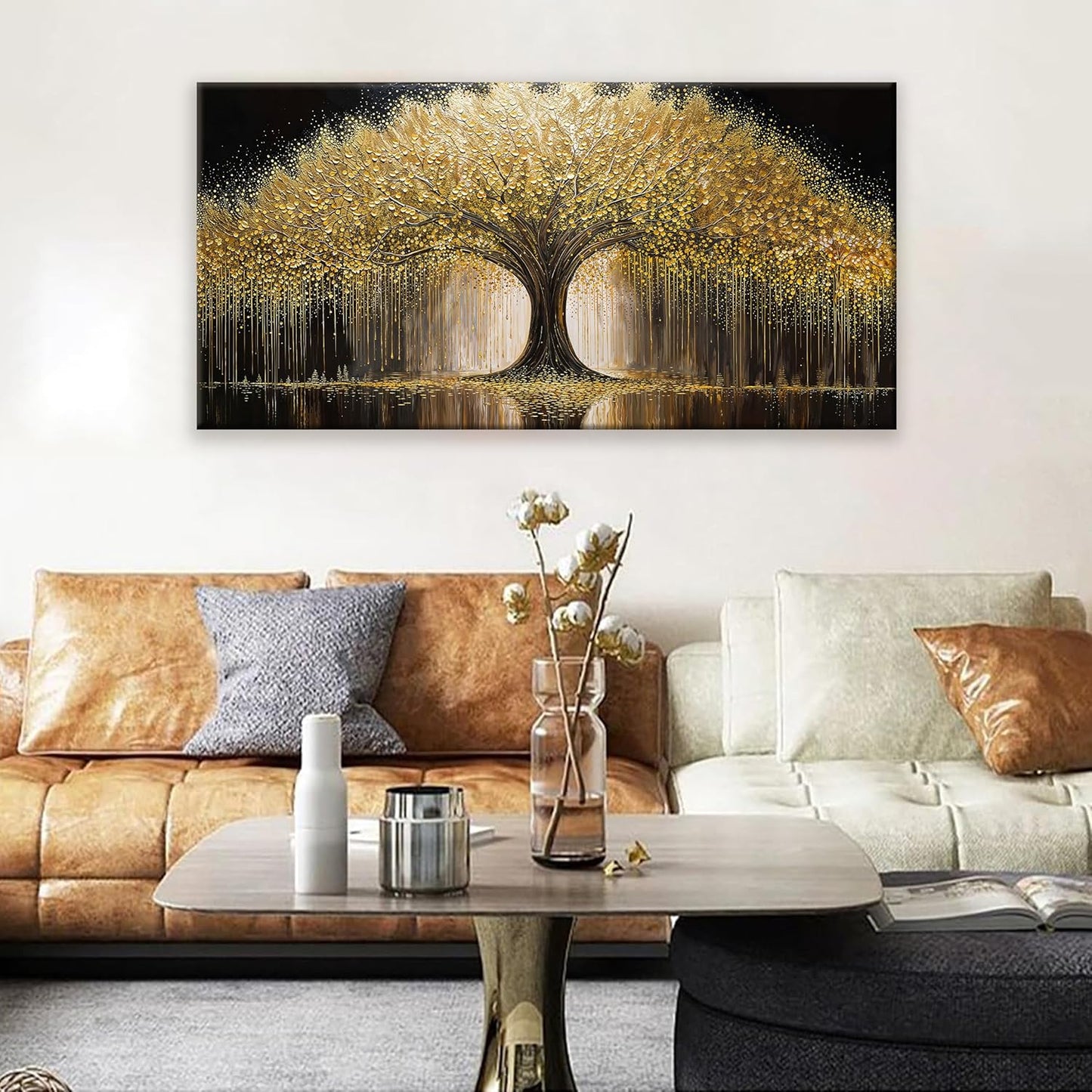 Golden Tree Of Life Wall Art Decor Prints Ready To Hang Room Wall Decor Modern Wall Art For Living Room Kitchen Office Canvas Prints Bedroom Decor 24x48 Inch