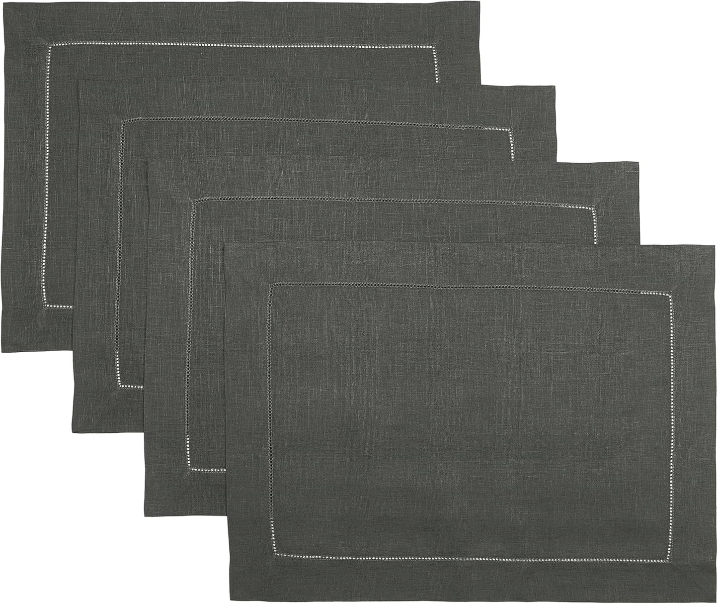 D'Moksha Homes Linen Placemats Set of 4 - Classic Hemstitch Charcoal Grey Placemats 14 x 19 Inch - 100% Pure Linen Table Mats for Fall, Autumn and Halloween - Handcrafted and Machine Washable