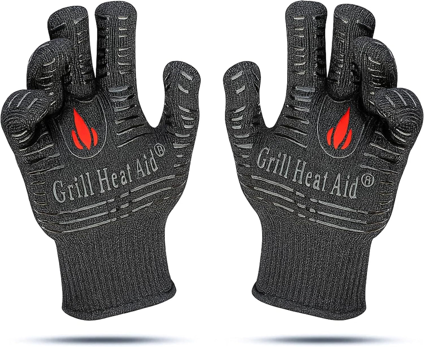 GRILL HEAT AID BBQ Grill Gloves 1472°F - Extreme Heat Resistant Oven Mitts for Grilling, Smoker & Fire Pit with Silicone Grip & EN407 Cut Resistance - Short Cuff, Black