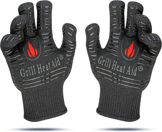 GRILL HEAT AID BBQ Grill Gloves 1472°F - Extreme Heat Resistant Oven Mitts for Grilling, Smoker & Fire Pit with Silicone Grip & EN407 Cut Resistance - Short Cuff, Black